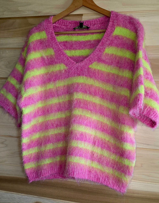 Neon Lime & Raspberry stripe V Neck, Short Sleeve Jumper