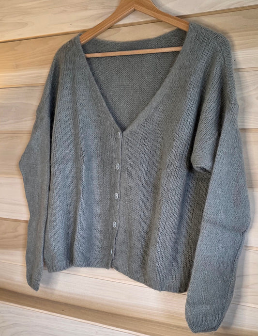 Khaki Green Mohair Mix V Neck Long Sleeve Cardigan