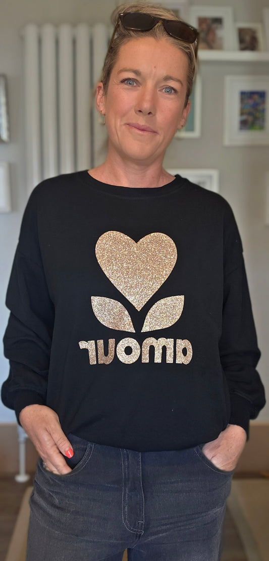 Black Amour Sweatshirt with Gold glitter Amour