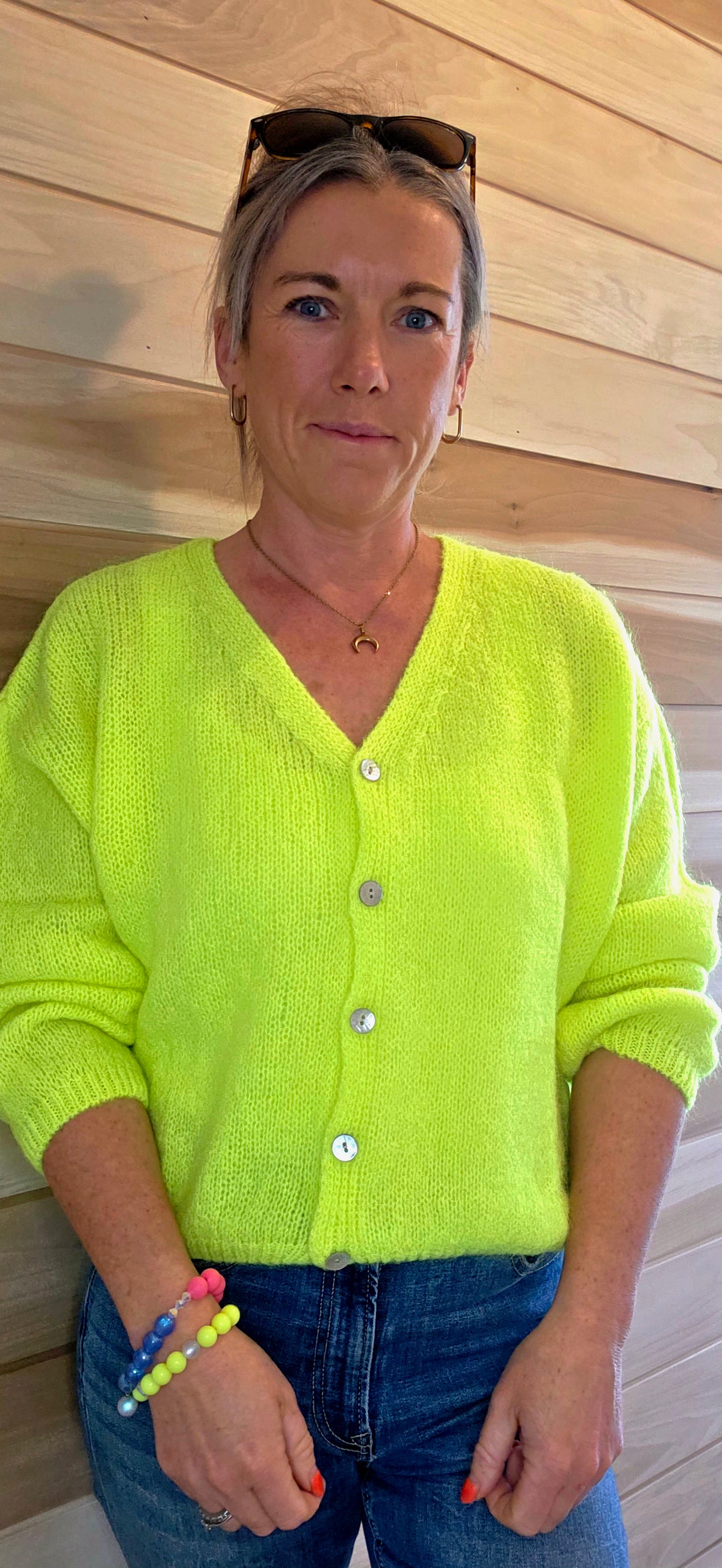 Kid Mohair & wool mix Neon Yellow V Neck Cardigan