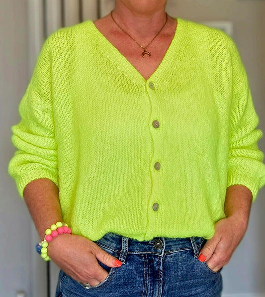 Kid Mohair & wool mix Neon Yellow V Neck Cardigan
