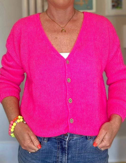 Neon Pink V Neck Ladies Cardigan. Long sleeves. Mohair  mix