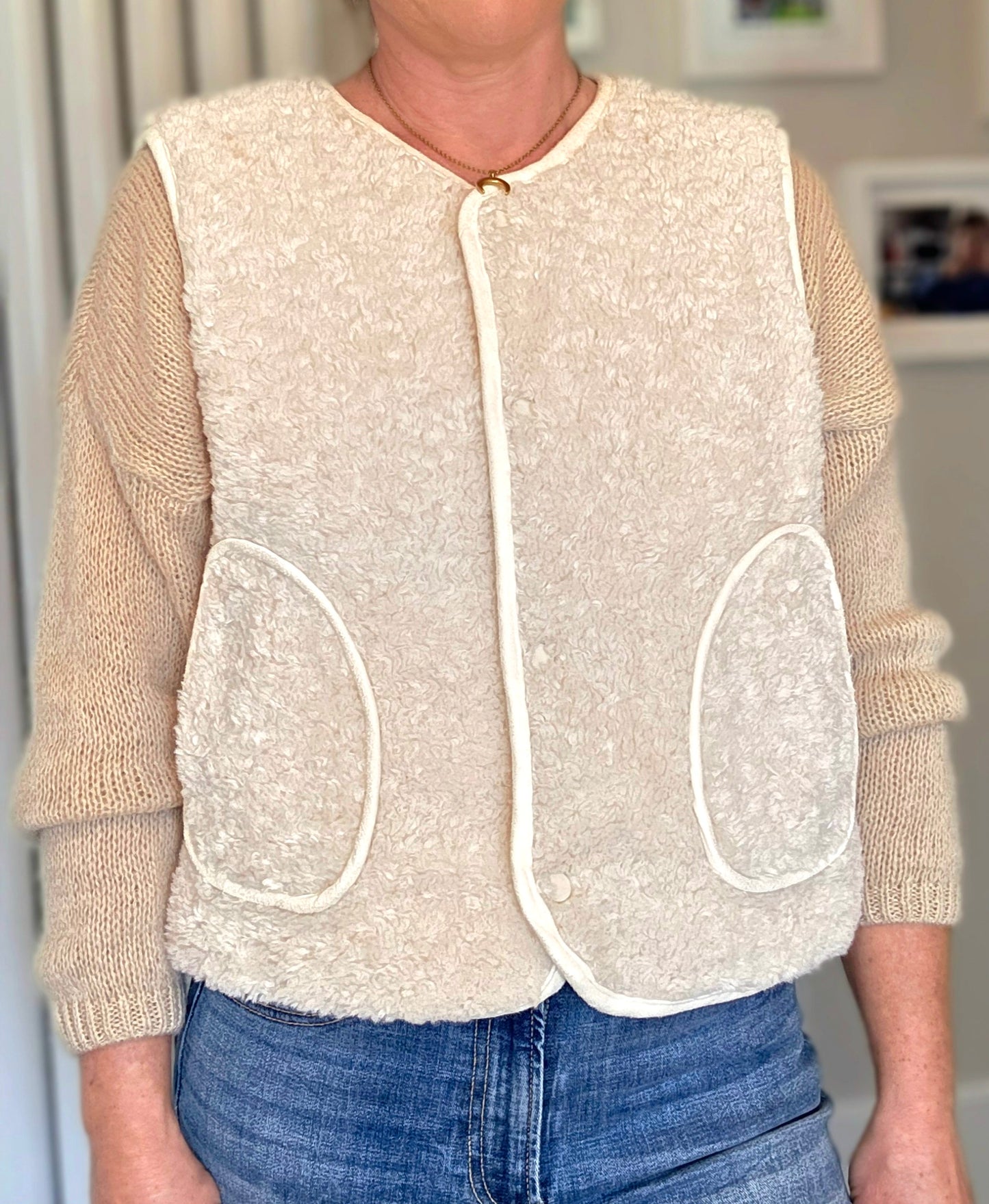 Faux Shearling Gilet in Cream with pockets. Suede feel lining.
