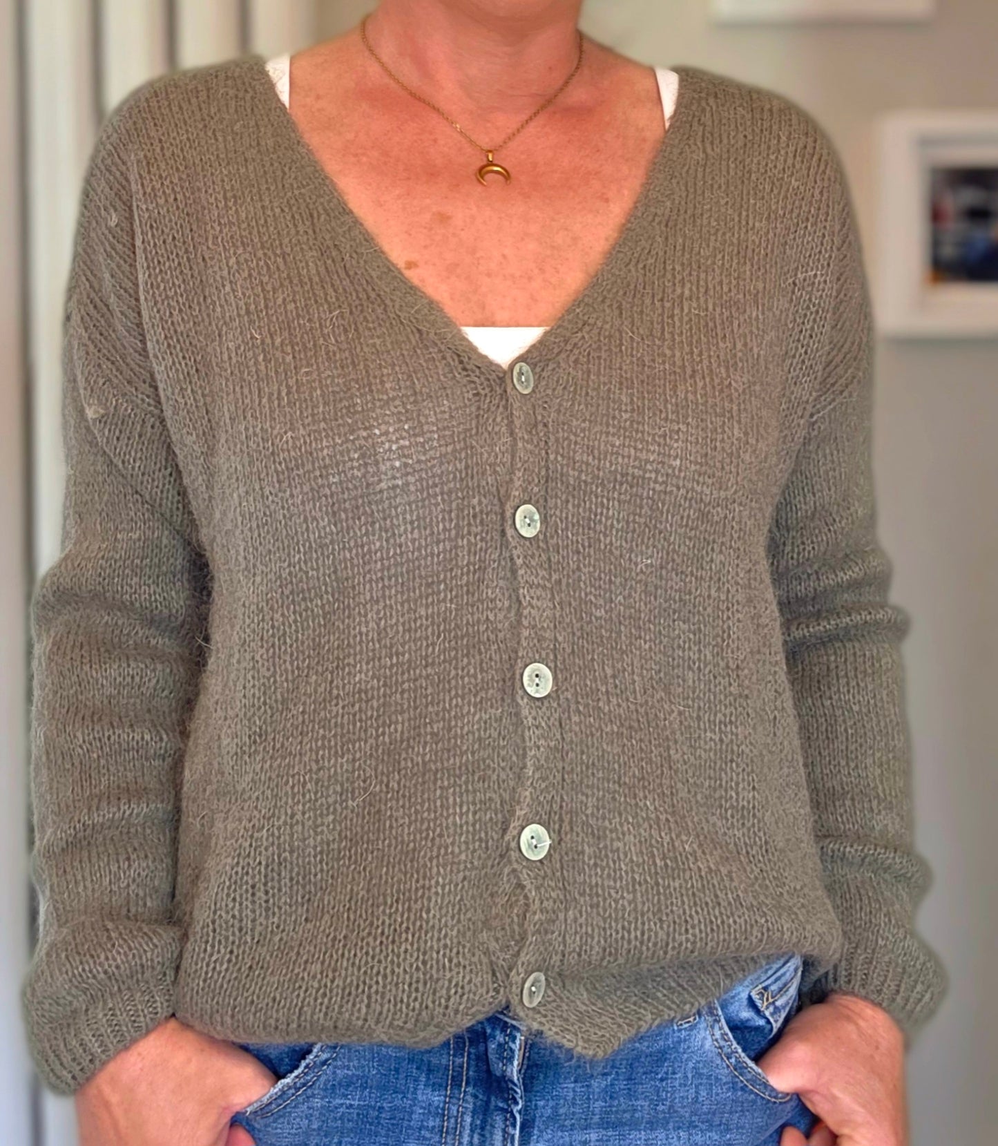 Khaki Green Mohair Mix V Neck Long Sleeve Cardigan