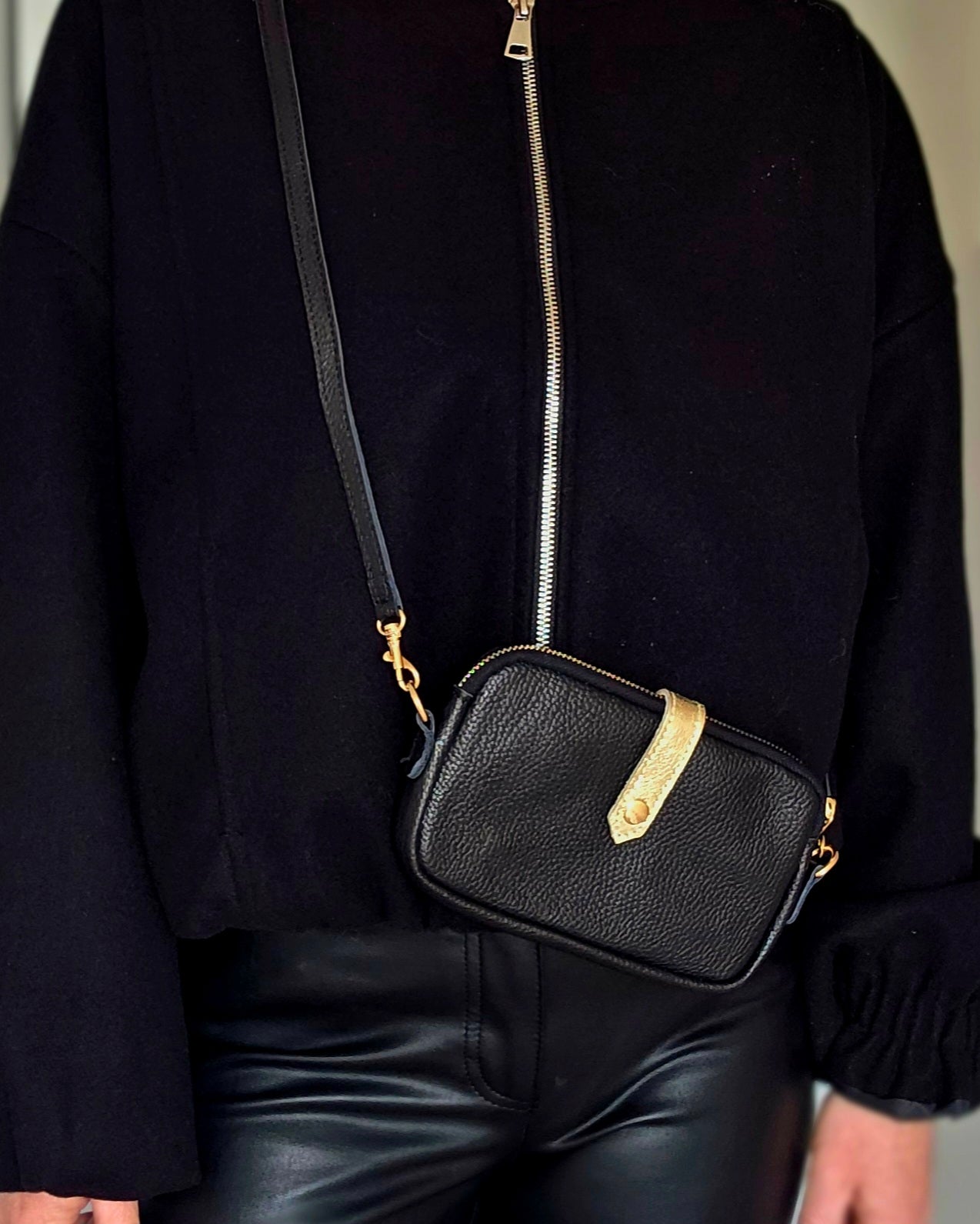 Italian Leather Black & Gold Crossbody bag