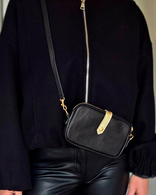 Italian Leather Black & Gold Crossbody bag