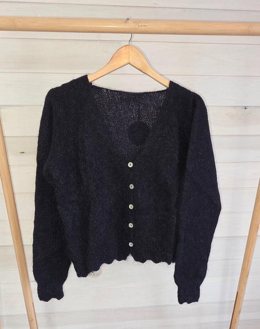 Black, Mohair & Wool Mix V Neck Cardigan