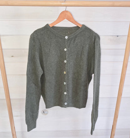 Khaki Alpaca Blend Round Neck Cardigan