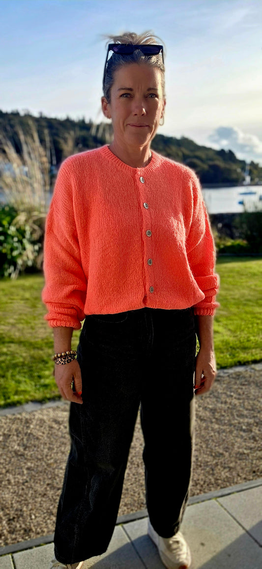 * Pre Sale. Due Oct 6th* Neon Coral, long sleeve, Mohair Mix Cardigan. Round neck
