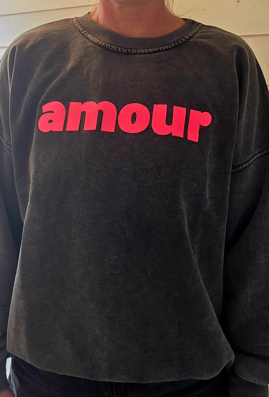 Ladies Blue Sweatshirt with Neon Pink Amour Font.