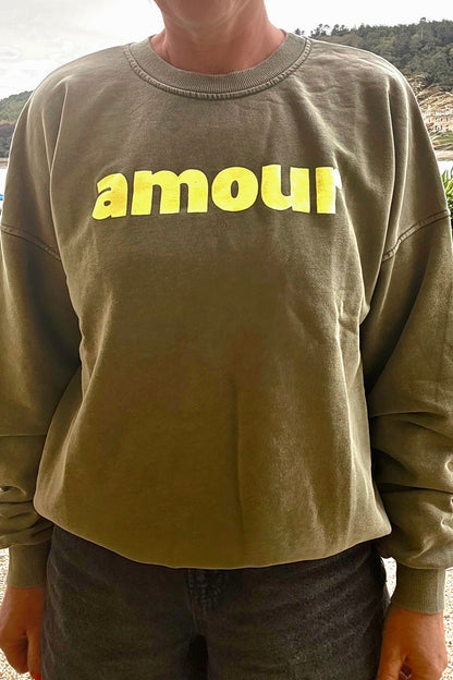 Amour Sweatshirt in Khaki and Neon Yellow.