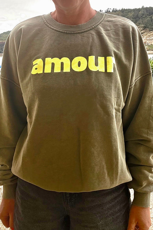 Amour Sweatshirt in Khaki and Neon Yellow.