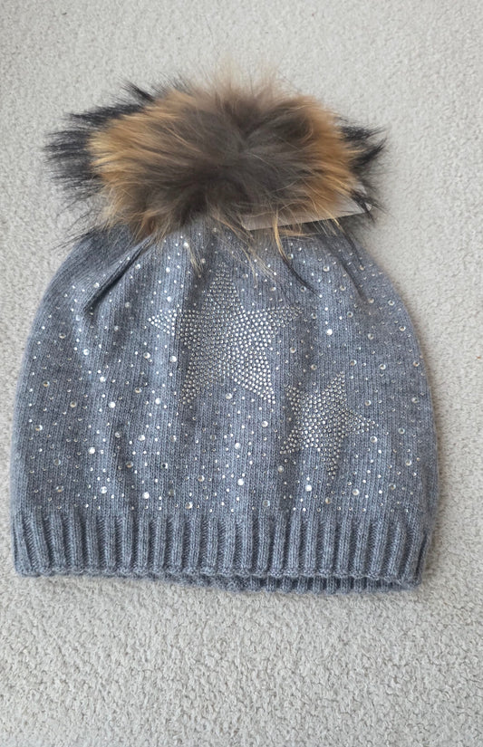 Wool mix grey hat with star detail and pom pom