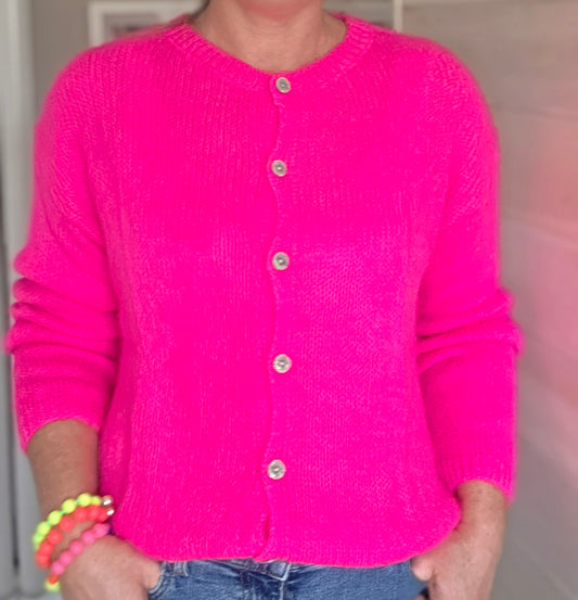 Neon Pink Mohair Mix Round neck cardigan
