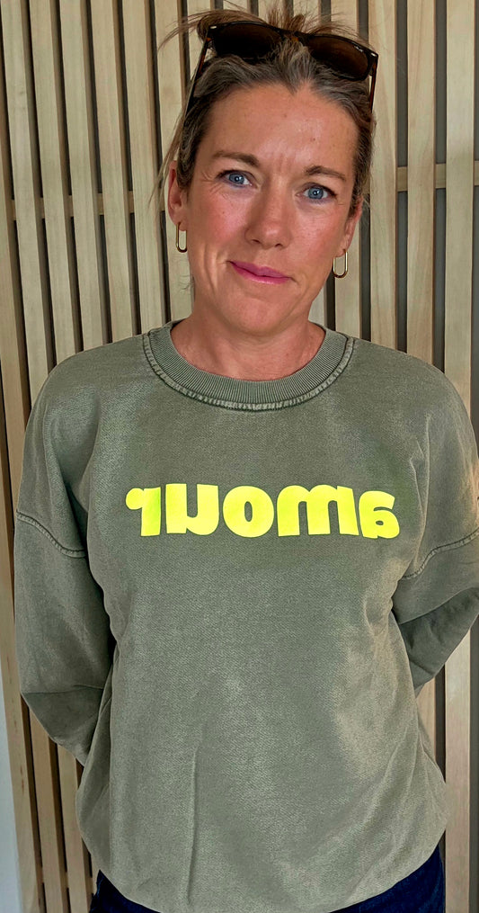 Amour Sweatshirt in Khaki and Neon Yellow.