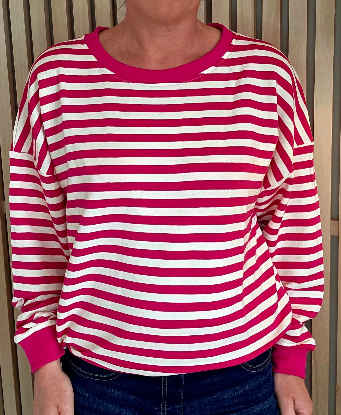 Fuschia and White Cotton Striped Sweatshirt