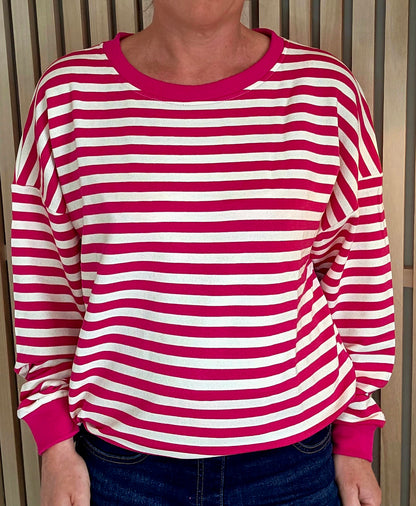 Fuschia and White Cotton Striped Sweatshirt