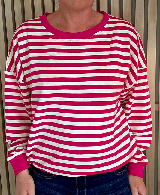Fuschia and White Cotton Striped Sweatshirt