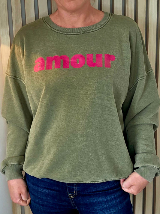 Khaki and Raspberry Pink Amour Sweatshirt.