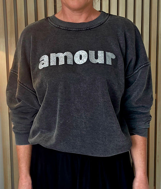 Amour Sweatshirt in  Charcoal Black and Metallic Silver