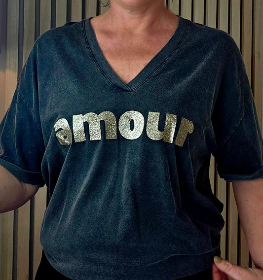 Ladies, v neck cotton Black wash and Gold Amour t shirt.