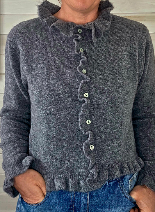 Charcoal Grey Alpaca Mix Ruffle front cardigan with buttons