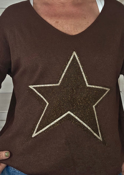 Starlight Chooco Brown V Neck soft knit with Star Motif