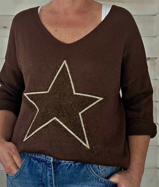 Starlight Chooco Brown V Neck soft knit with Star Motif