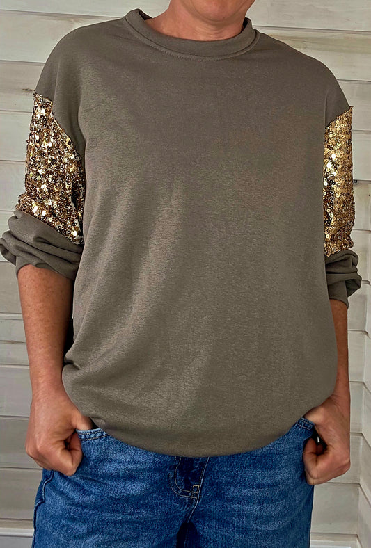 Taupe Cotton sweatshirt with sequin detail on sleeve