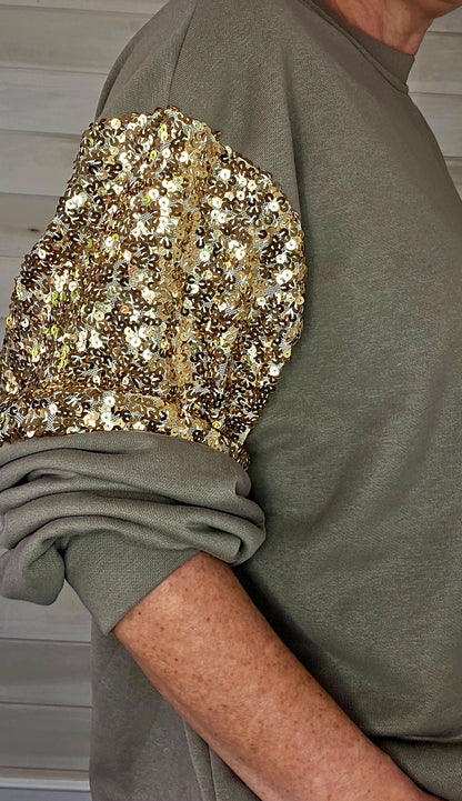 Taupe Cotton sweatshirt with sequin detail on sleeve