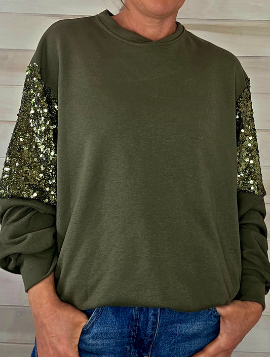 Khaki  Cotton Sweatshirt with Gold Sequin detail on sleeve