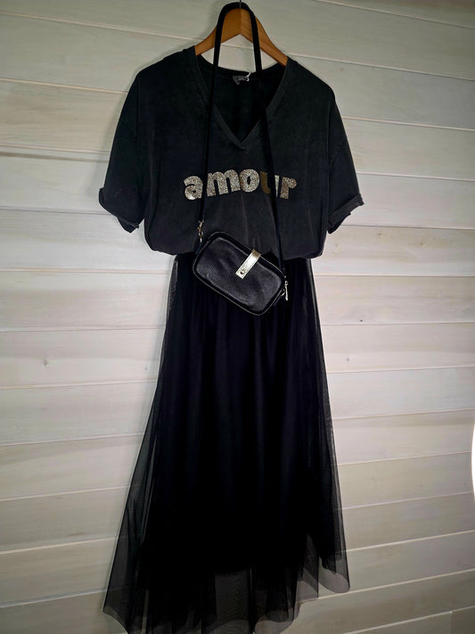 Ladies, v neck cotton Black wash and Gold Amour t shirt.