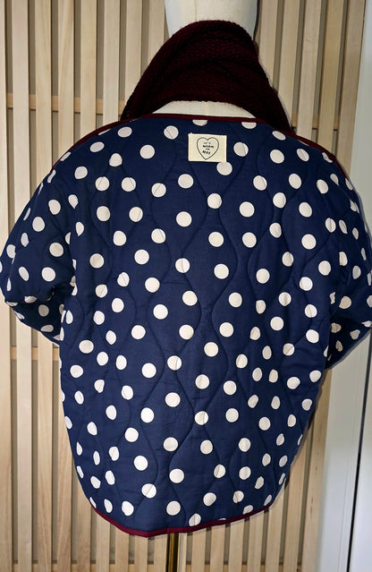 Navy & White dotty quilted, collarless jacket.