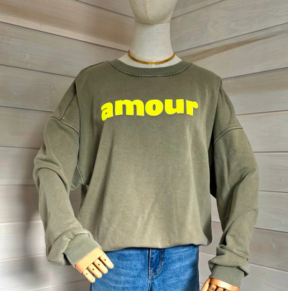 Amour Sweatshirt in Khaki and Neon Yellow