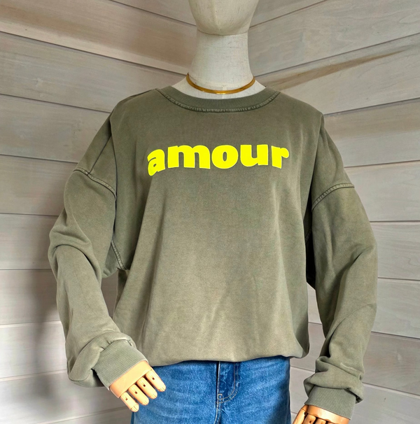 Washed Crewneck Sweatshirt in Olive and Neon Yellow