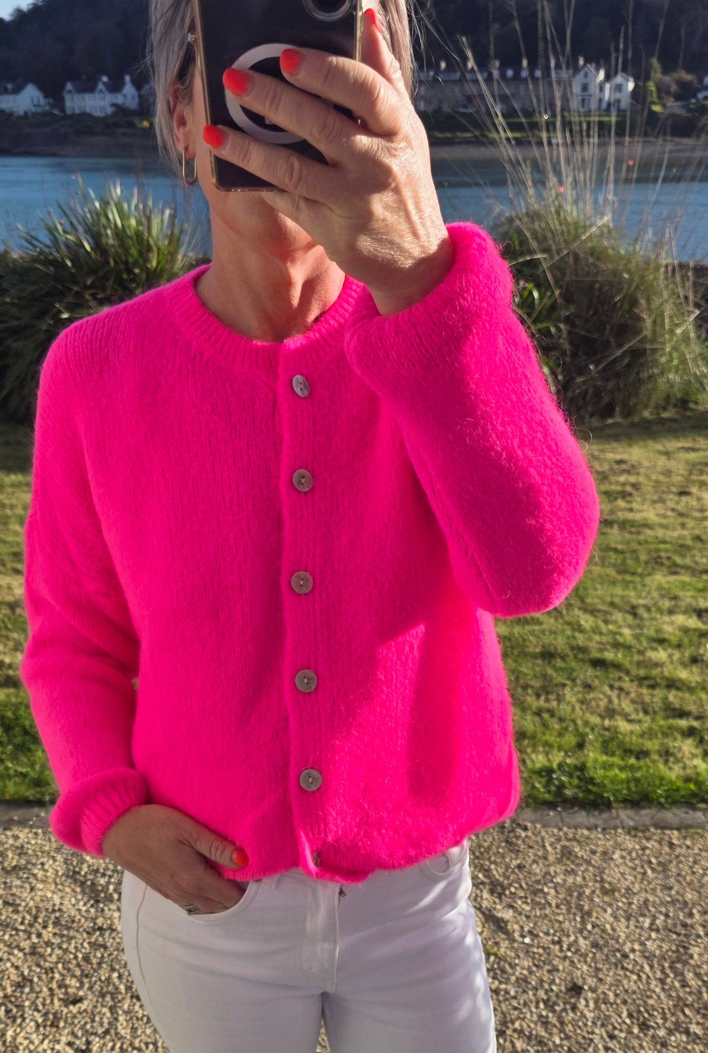 Luxury Neon Pink Kid Mohair and Wool Mix cardigan