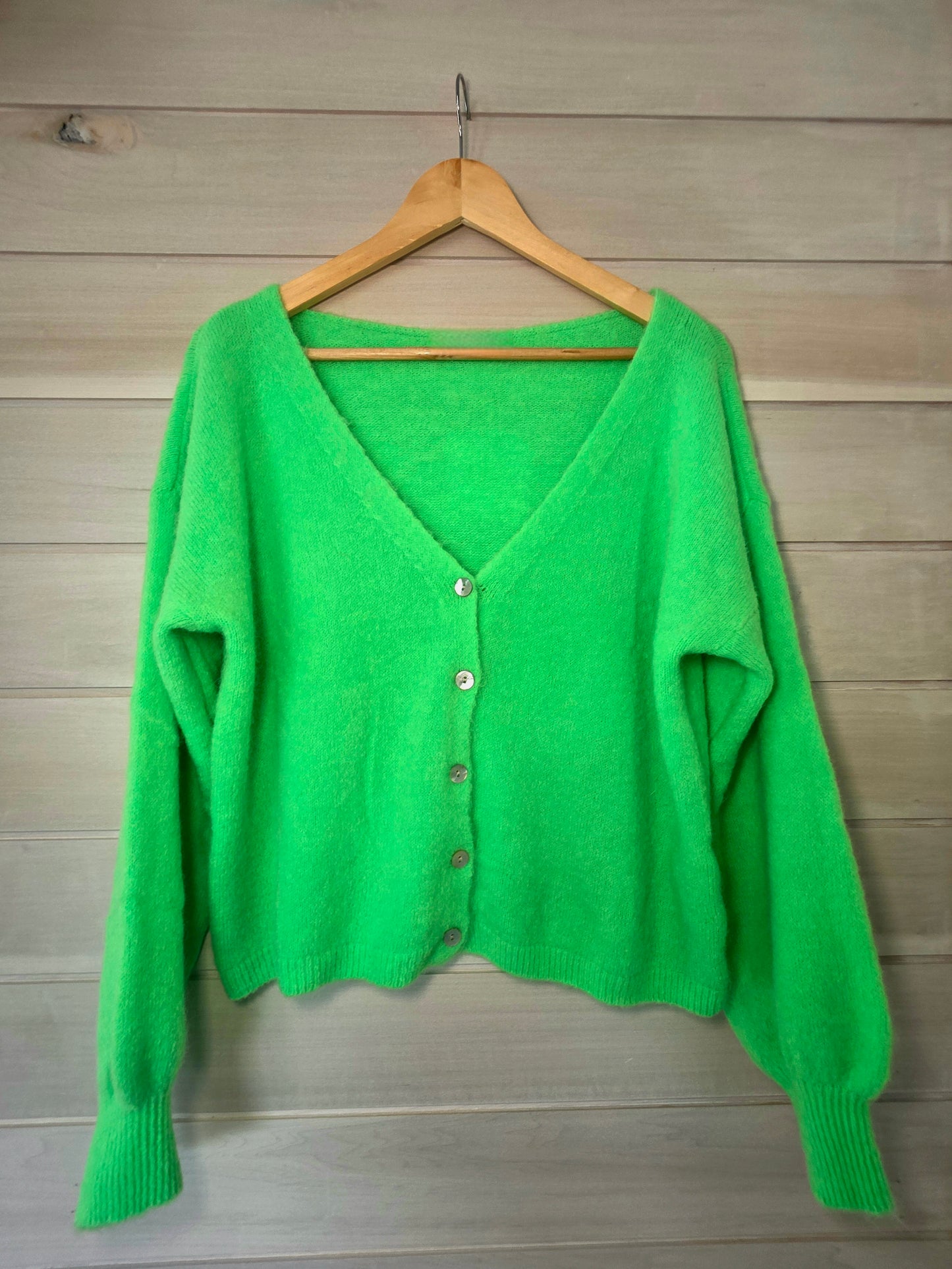 Neon Green V Neck Superfine Alpaca and Wool Cardigan