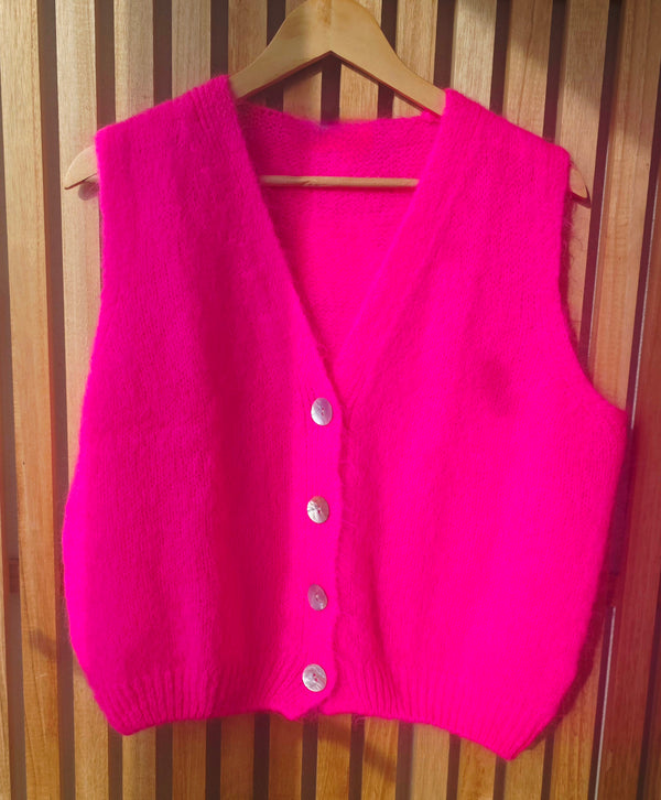 Neon Pink Mohair-Wool Blend V-Neck Knit Vest