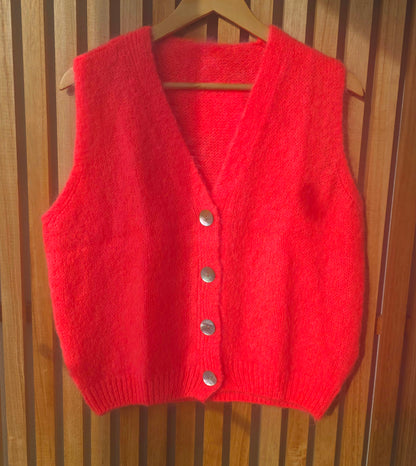 Neon Coral Mohair-Wool Blend V-Neck Knit Vest