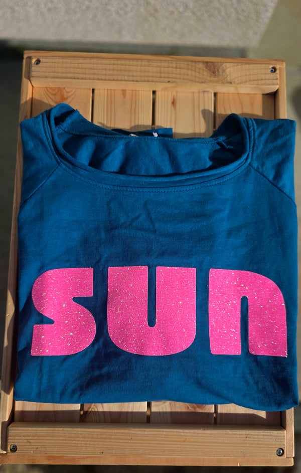Retro Vibes SUN| Light Sweat/Tee in Teal and Glitter Pink