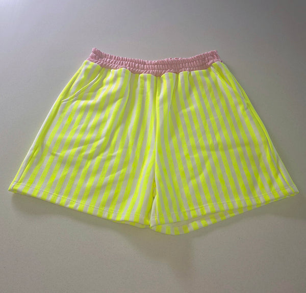Neon Yellow Striped, Elasticated Waist Shorts in Cotton Blend.