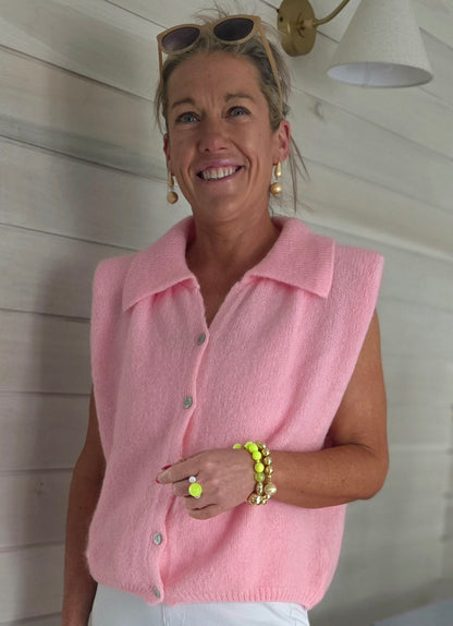 Baby Alpaca & Wool Blend Collared Knit Vest with shoulder pads in Bubblegum Pink