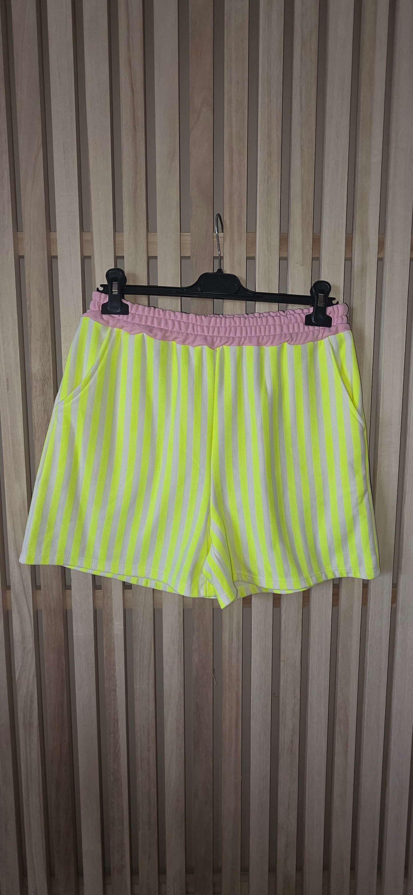 Neon Yellow Striped, Elasticated Waist Shorts in Cotton Blend.