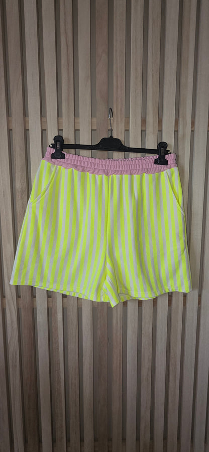 Neon Yellow Striped, Elasticated Waist Shorts in Cotton Blend.