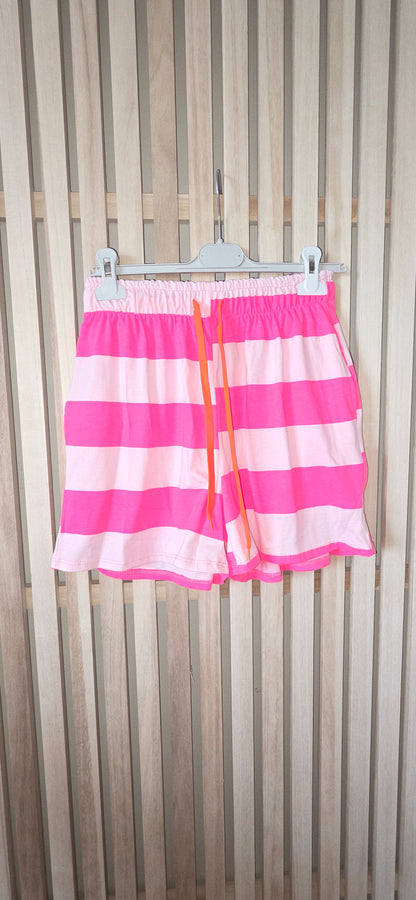 Neon Pink Light Pink Stripe Cotton Mix Shorts with Neon Orange Drawstring