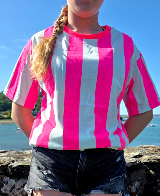 Neon Pink and White Striped Pure Cotton Tee