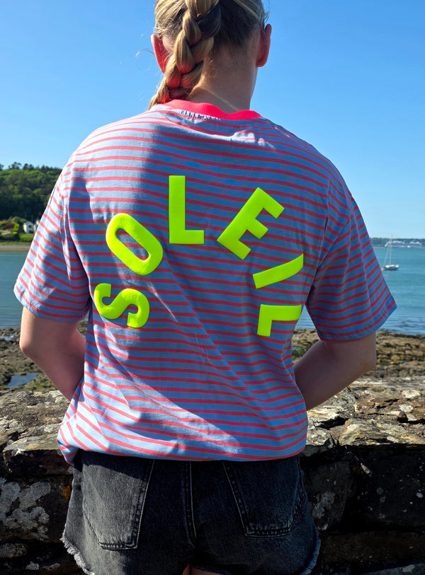 Striped Cotton T-Shirt with Neon Soleil Graphic and Neon Pink Trim