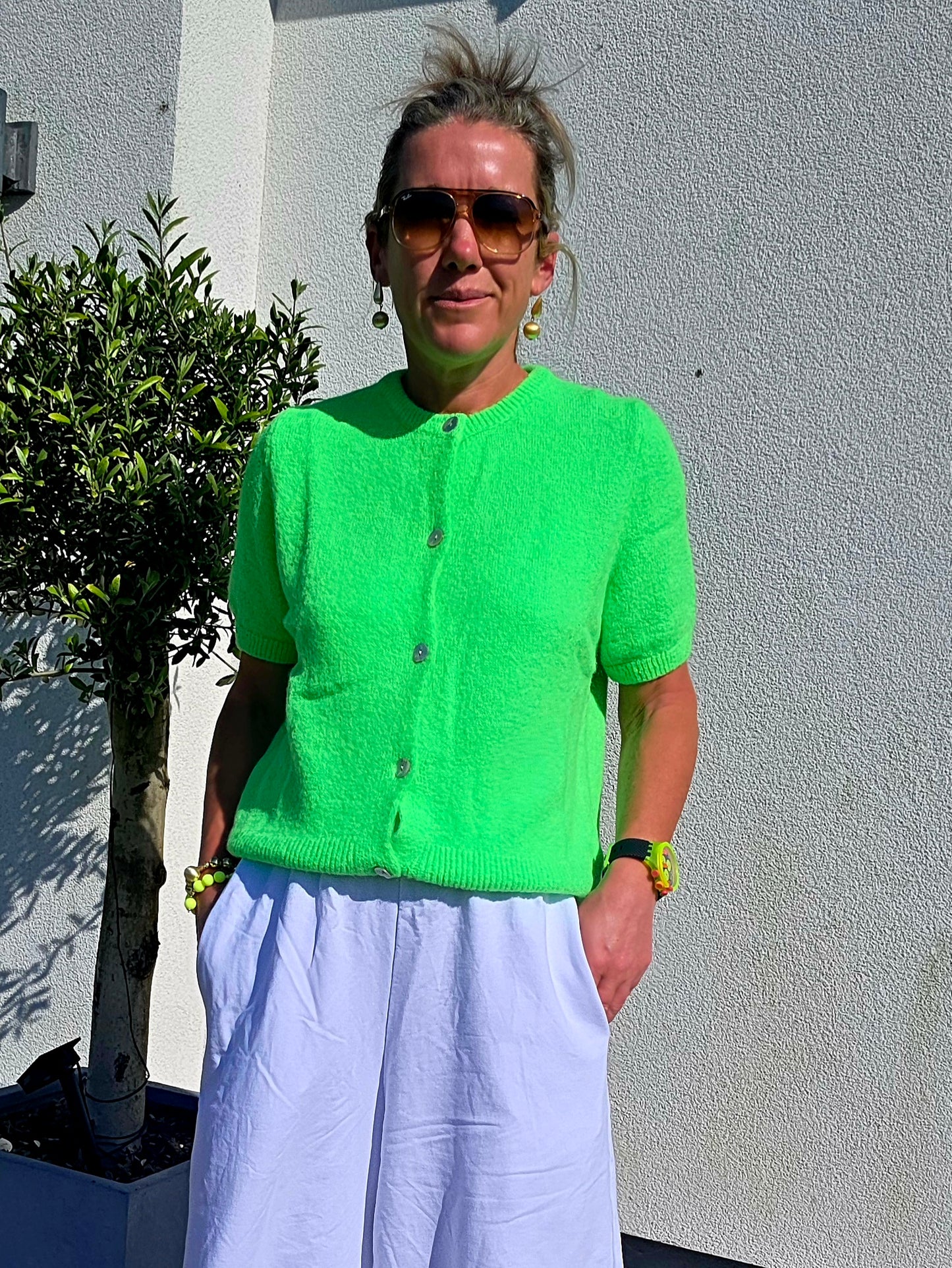 Neon Green Alpaca Mix Short Sleeve Cardigan
