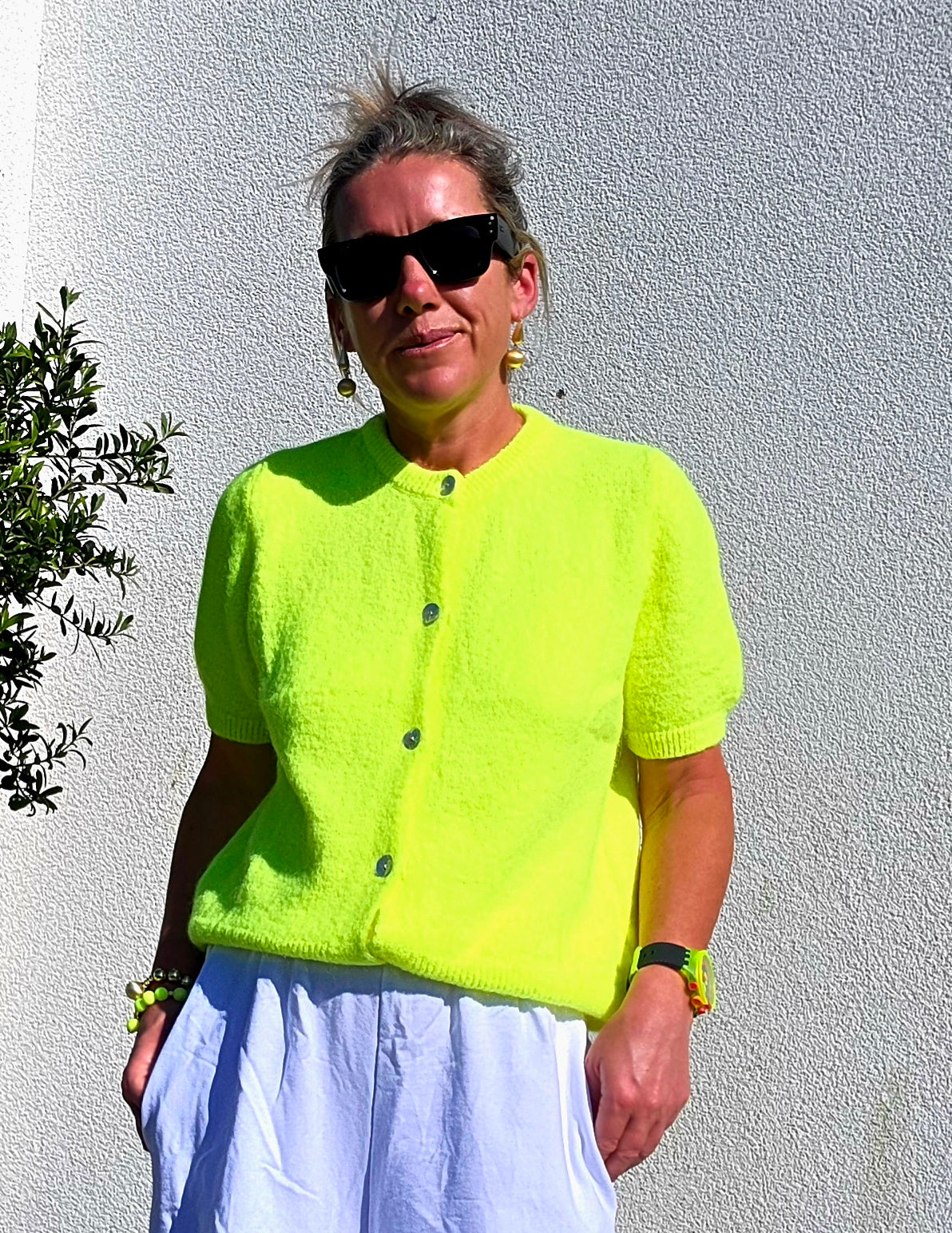 Neon Yellow Short Sleeve Alpaca Blend Cardigan