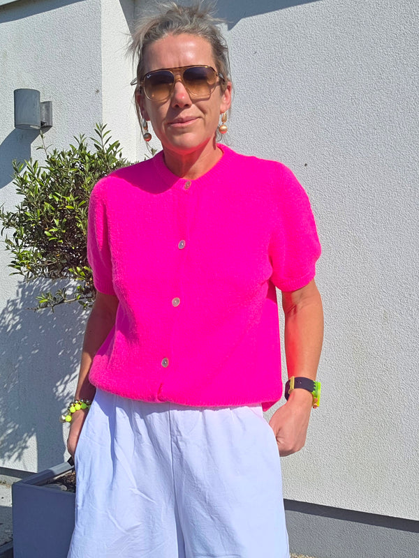 Neon Pink Alpaca Mix Short Sleeve Cardigan
